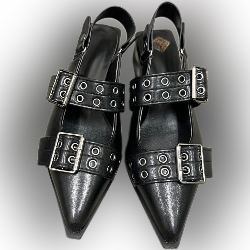 Popular Buckle ballet shoes with sling back and chunky heels